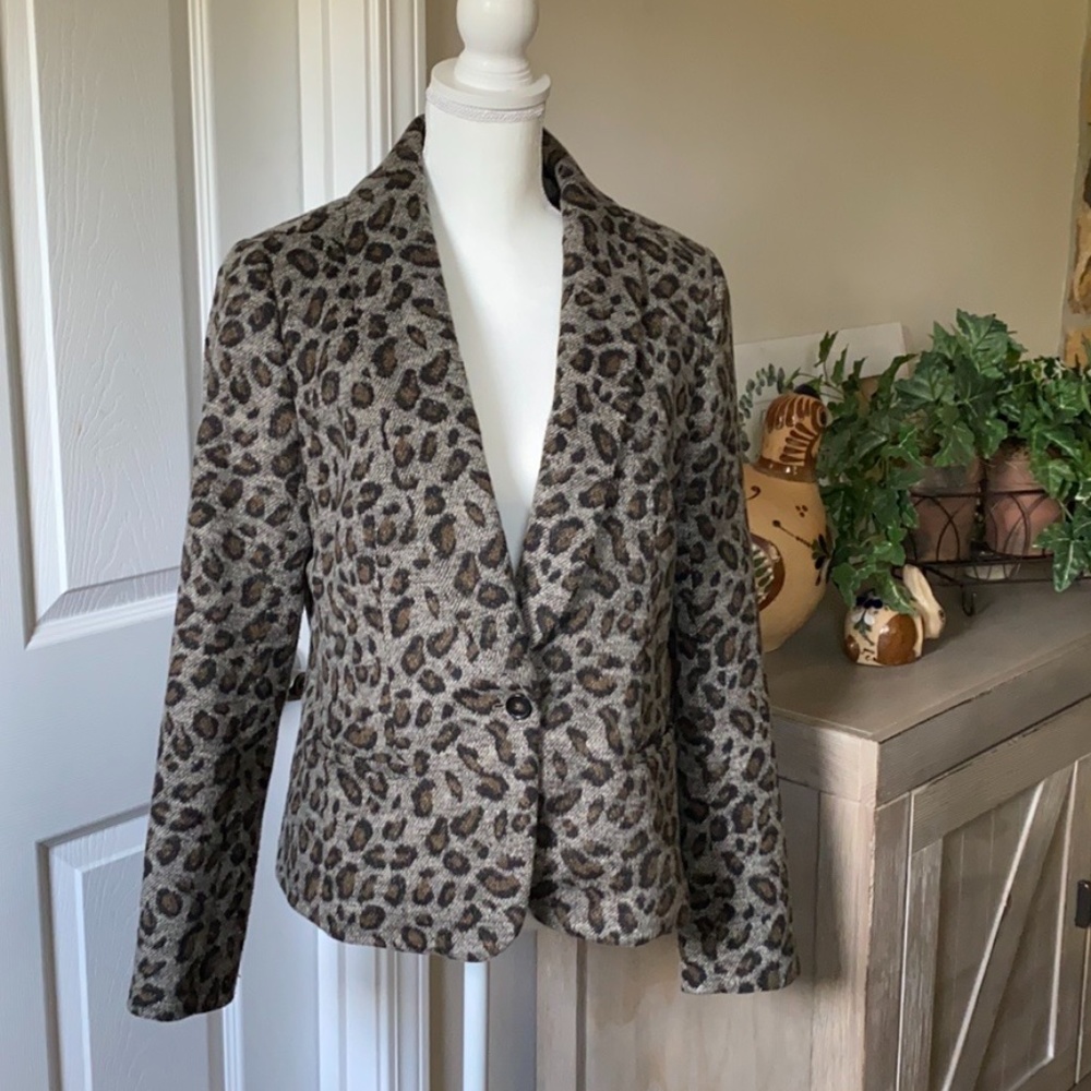 Loft Leopard Print Gray Brown Single Button Blazer Size L